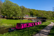 2305-0009 - Steam train passing Elektra in front of The Black Lion Pub on The Caldon Canal  -  May 13, 2023