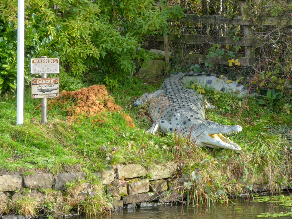 <center>2510-0109 - Crocodile with sign saying Trespassers will be Eaten -  October 27, 2025  <br>  (1/80 sec at f / 5.5 ISO 125    28.7 mm) </center>